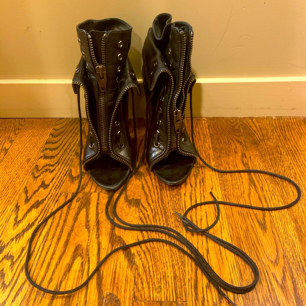 Alexander Wang black lace up open toe booties.